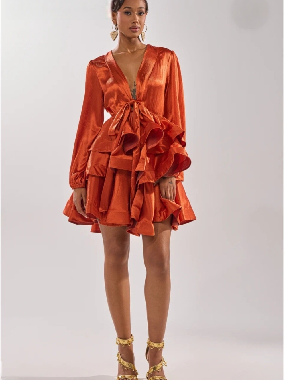 Akira Satin Ruffle Tie-Front Mini Dress in Rust Orange NWT